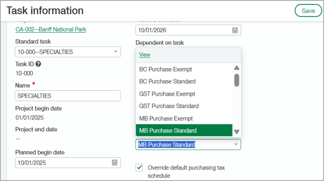The override default purchasing tax schedule option is selected and a different purchasing tax schedule has been chosen for the task.