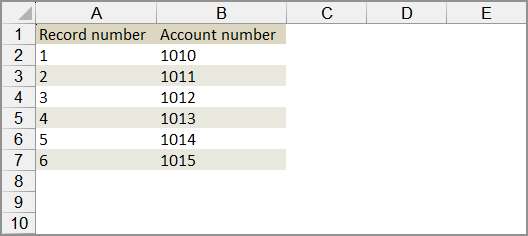 An Excel file with record numbers in the first column and account numbers in the second column. 