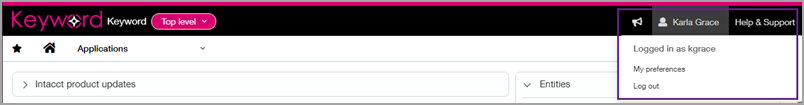 At the top-right of a page, a login name and my preferences are selected.