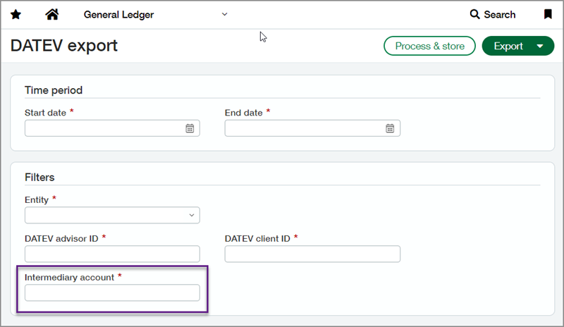 Screenshot of the DATEV export page with a callout box for the Intermediary account field.