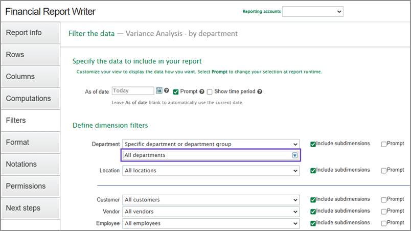 Filters tab in the Financial Report Writer.