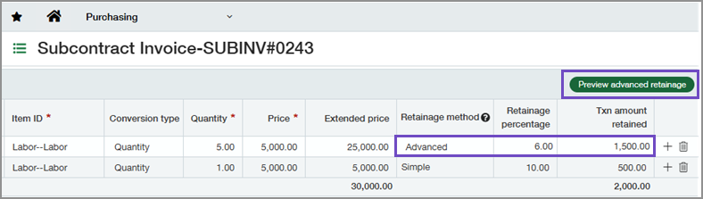 Invoice highlighting Retainage method column and Preview advanced retainage button