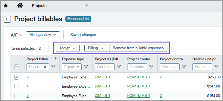 Project billables page highlighting button options above the grid