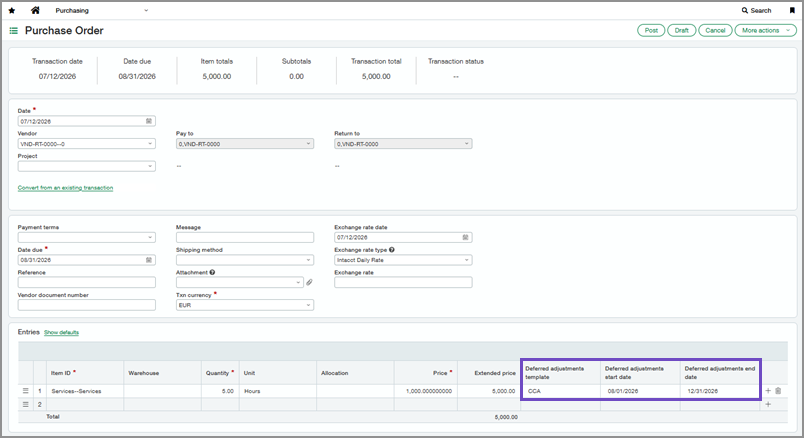 Purchasing transaction showing deferred adjustments fields