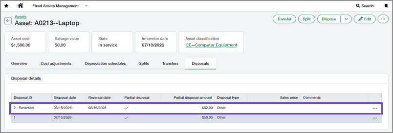 Disposals tab showing a reversed partial disposal