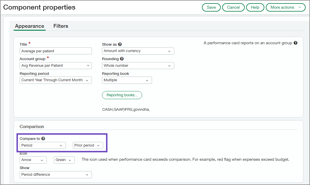 Component properties window for a performance card. The Compare to field is circled.