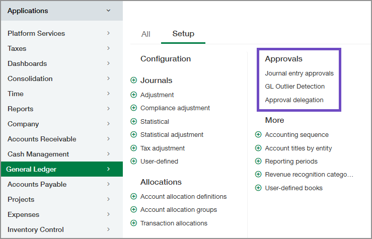 General Ledger Setup menu with the new Approvals section circled. 